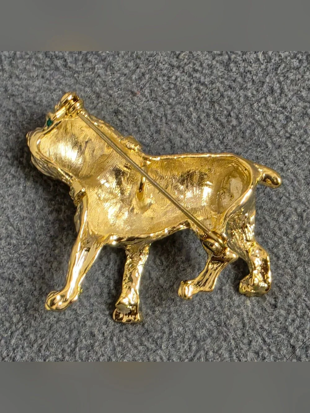 Gold Tone English Bulldog Brooch Green Rhinestone Eye Crystal Collar New